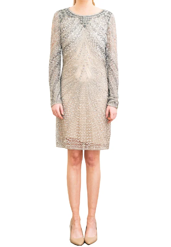 Silver Long Sleeves Beaded Shift Dress