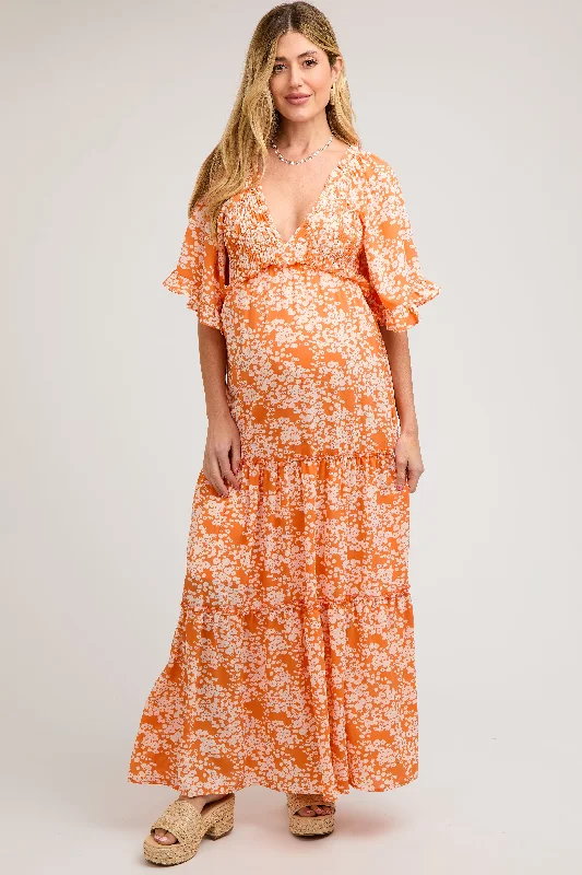 Orange Floral Smocked V-Neck Ruffle Tiered Maternity Maxi Dress