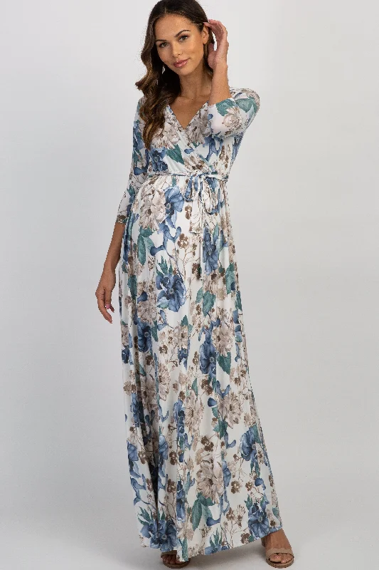 PinkBlush Ivory Floral Sash Tie Maternity/Nursing Maxi Dress