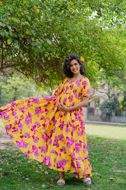 Vibrant Canary Yellow Fresh Blossom Maternity Layered Dress