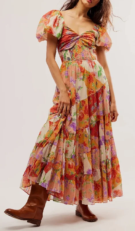 PUFF SLEEVE FLORAL PRINTED MAXI DRESS